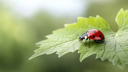 Fototapeta premium A vibrant ladybug on a green leaf set against a blurred natural background, illustrating nature's beauty