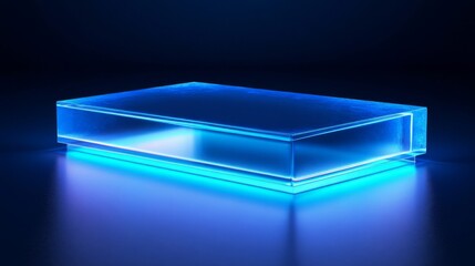 Bright Blue Illuminated Glass Rectangle on Dark Reflective Surface