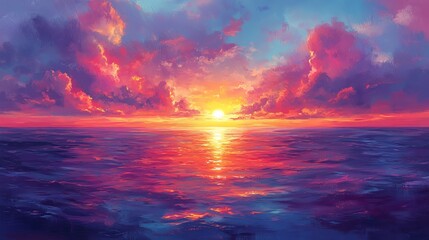 Fototapeta premium Vibrant Sunset Over Tranquil Ocean Waves with Fiery Colors Blending into the Calm Horizon at Dusk