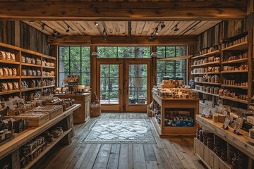A rustic wooden shop interior filled with various goods for sale