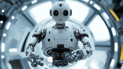 Fototapeta premium Robot Inside Glass Pod with Advanced Machine Vision Technology