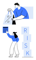 Person holding shopping bag with percentage sign and another using a calculator near blocks spelling RISK. Ideal for finance, budgeting, shopping strategy, cost analysis, risk management