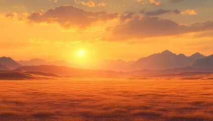 Golden hour sunset over a vast, orange-hued field and mountain range. Serene landscape bathed in warm light.