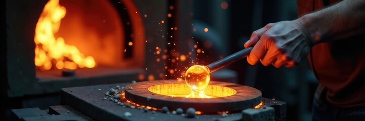 Glassblower blowing molten glass on the furnace, furnace fire, artisanal process