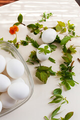 DIY Easter eggs with natural materials using leaves and flowers. Creating patterns on eggs using plants, selective focus.
