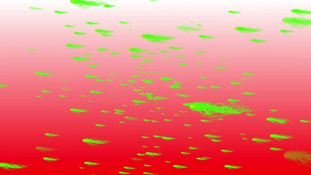 3D animation of thousands of green lightning bolts striking against a red to white gradient background.
