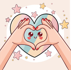 Cute gesture hand love heart symbol on colorful heart