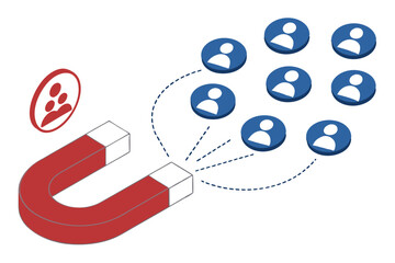 30 Social media attraction, magnet pulling user icons, blue circular profile avatars, large red horseshoe magnet, digital marketing concept, 3D illustration, white background, simplified graphics, sym