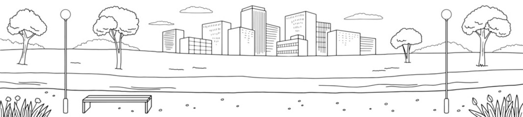Obraz premium Park river graphic black white city landscape sketch long illustration vector 