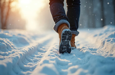 Man walks snowy road in winter. Close-up of warm winter shoes. Male legs stride through cold weather. Winter boots, comfort footwear. Cold, snow, season walk concept.