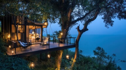 Ocean-view treehouse, twilight, luxury, deck, relaxation, vacation, romantic, escape