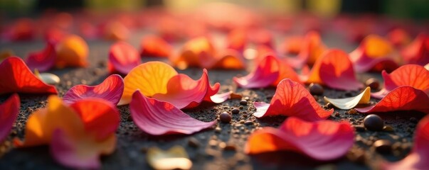 Colorful syzygium malaccense petals scatter on the ground, autumn, leaves