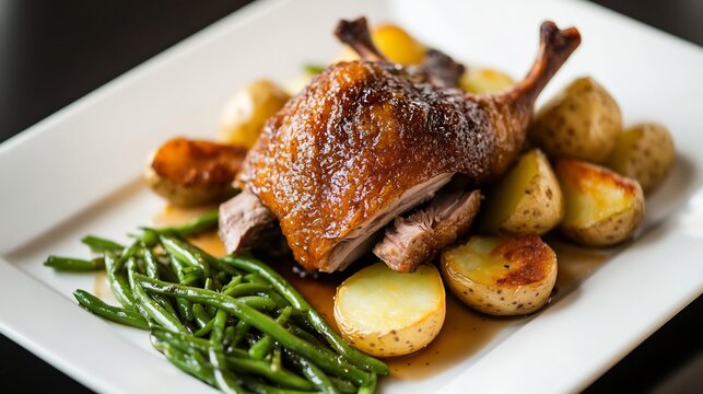 French duck confit crispy skin served with roasted potatoes and green beans on a sleek white plate
