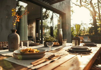 A beautifully set outdoor dining table on a wooden patio, bathed in warm golden sunlight, creating a cozy and inviting atmosphere.