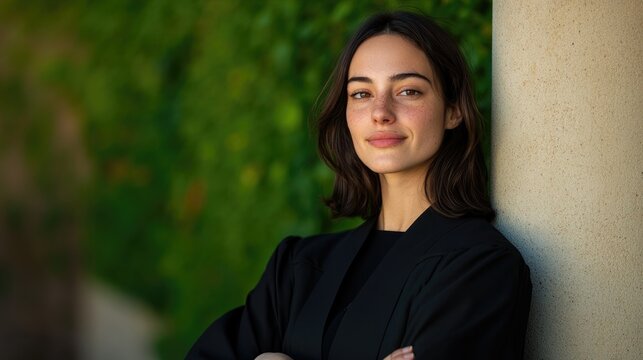 Confident young woman smiling against backdrop of lush green fol