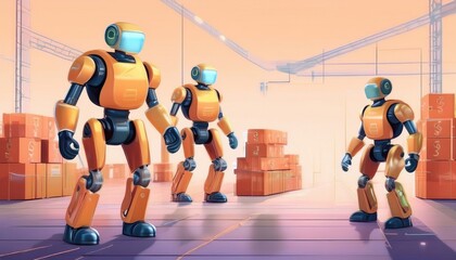 Obraz premium Three advanced robots collaborate on tasks in a futuristic industrial setting.