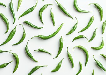 Pattern of fresh green chili peppers on white background
