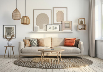 Modern Scandinavian living room with warm earthy tones, rattan lighting, framed artwork, and soft textiles creating a stylish and cozy space