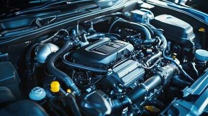 Obraz premium Close-up View of a Modern Car Engine: Automotive Technology and Engineering
