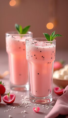 Pink table with glasses of strawberry smoothie and fresh berries. Healthy breakfast or dessert. Smoothie looks delicious and refreshing. Ideal for summer. Modern kitchen setting