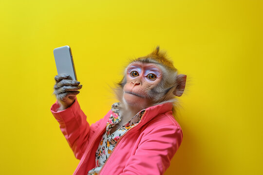 A happy monkey taking a selfie, dressed in a stylish summer blazer and a colorful shirt. He's a true monkey influencer, always in the spotlight!