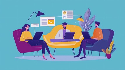 A group of people are sitting on a couch and using laptops