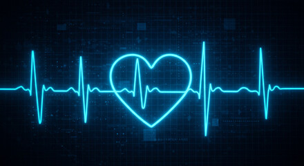 A glowing neon heart integrated into an electrocardiogram (ECG) line