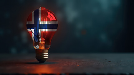 A patriotic concept: A light bulb with the Norway flag design glowing in the dark, symbolizing ingenuity, technology, and energy independence