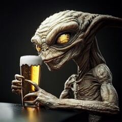 A blend of humor and science fiction featuring an alien and a beverage.