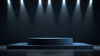 Dramatically Lit Circular Platforms under Spotlights on a Dark Stage Highlighting Their Shape and Design