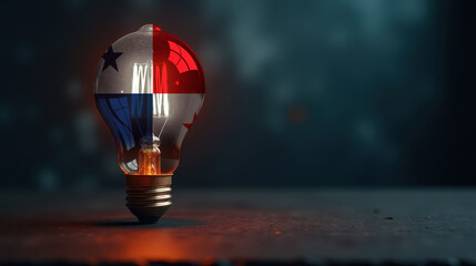A patriotic concept: A light bulb with the Panama flag design glowing in the dark, symbolizing ingenuity, technology, and energy independence