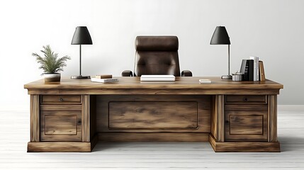 A traditional wooden executive desk is centered.