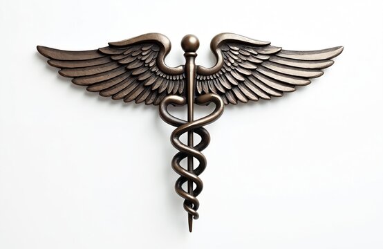 Caduceus medical symbol wings, bronze color. Emblem represents healthcare, medicine, healing. Symbol for doctors, nurses, hospitals, clinics, pharmacy. Isolated on white background, industry design