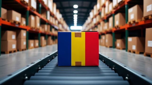 A package wrapped in the Romania flag moves on a conveyor belt inside a warehouse. Symbolizing logistics, global trade, and the efficiency of supply chains.