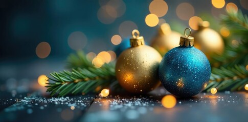 Delicate golden and blue ornaments in a bokeh effect, christmas, sparkling, delicate