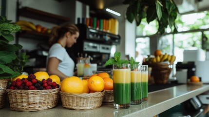 Freshly prepared smoothies sit alongside vibrant fruits in cozy