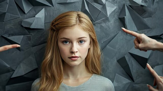 Young woman facing judgment and accusation with multiple fingers pointing at her against a geometric background, concept of social discrimination