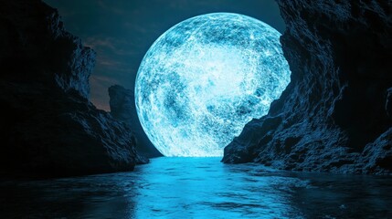 Enormous blue moon rising over calm water between dark rocks at night.