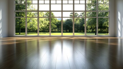 Serene Interior: Sunlight Streaming Through Expansive Windows Showcasing Lush Greenery