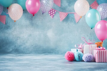 Colorful child birthday card with balloons and gifts, with space for text