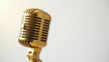 Fototapeta premium Close-up of a gold microphone on white background, golden, metallic