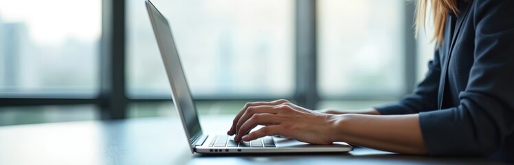 Businesswoman types office laptop keyboard. Female hands work on computer, networking. Woman working online. Modern tech device for communication, job, data processing. Cyberspace, internet, web.