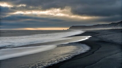 Coastal Sunset, Dark Sand Beach, Ocean Waves