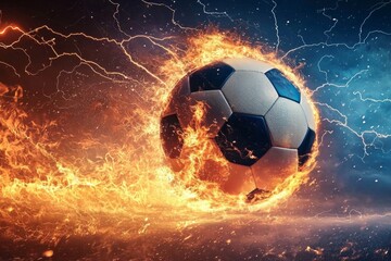 A vibrant clash of colors featuring a flaming soccer ball against a dramatic lightning storm.