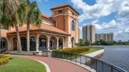 Fototapeta premium Waterfront building, paved path, palm trees, city skyline, sunny day, resort