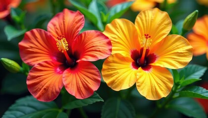 Fototapeta premium Bold, graphic hibiscus blooms, vibrant orange & yellow, graphic, background, art