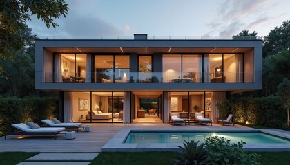 Fototapeta premium Modern villa exterior design with pool, terrace, parking. Cozy summer evening with comfortable lighting. Luxurious residential real estate, elegant modern architecture home, landscape, garden.