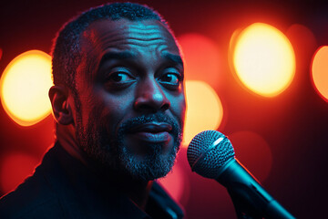 Comedian actor Performing on Stage in Front of Audience During Live Show, Generative AI image