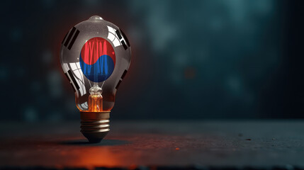 A patriotic concept: A light bulb with the Republic of Korea flag design glowing in the dark, symbolizing ingenuity, technology, and energy independence