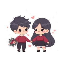 Para z bukietem w stylu kawaii. Chłopiec i dziewczynka. Romantyczna ilustracja wektorowa. © Monika